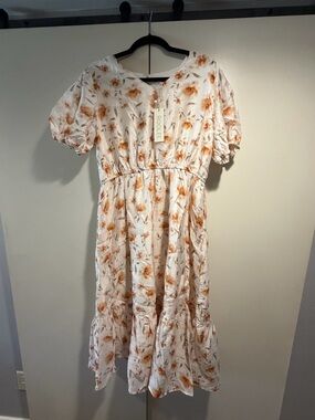 Roolee Cream Floral Midi Dress with Peach colored flowers Print